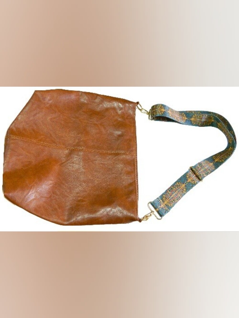 Brown Faux Leather Crossbody Bag with Patterned Adjustable Strap